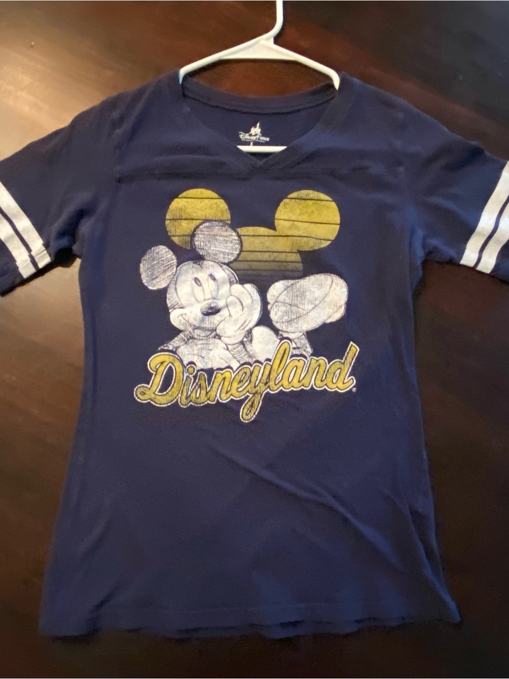 Disney Navy Blue Vintage Mickey Disneyland Graphic Tee with Yellow Accents